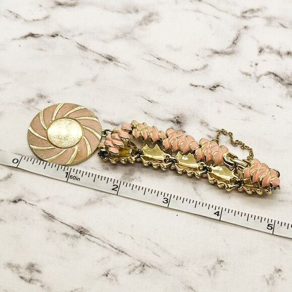 Vintage Coro Enamel Charm Bracelet Pink Gold Retro Estate Jewelry - Picture 5 of 6